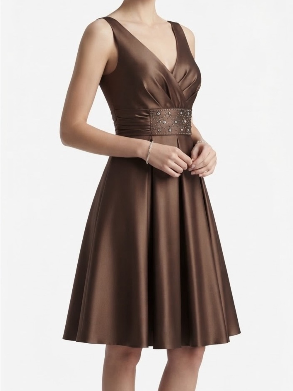 Brown Satin V-Neck Cocktail Dress with Embellished Waist